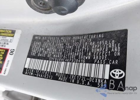 2019 Toyota Corolla Le from USA, damaged, VIN 5YFBURHE4KP938416